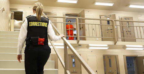 Corrections officer doing the rounds in a prison