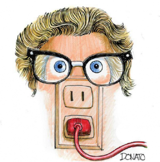 Cartoon depicting power outlet with wig and glasses
